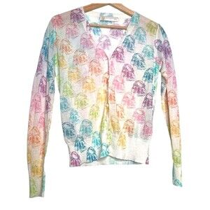 Cardigan Sweater Womens Multicolor Novelty Long Sleeve Astronaut Linen Blend S